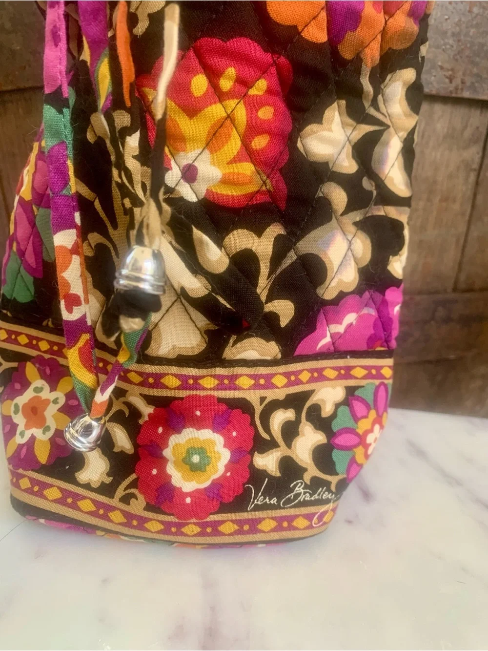 Vera Bradley Boho Black Floral Drawstring Cheers to You Quilted Bottle Bag